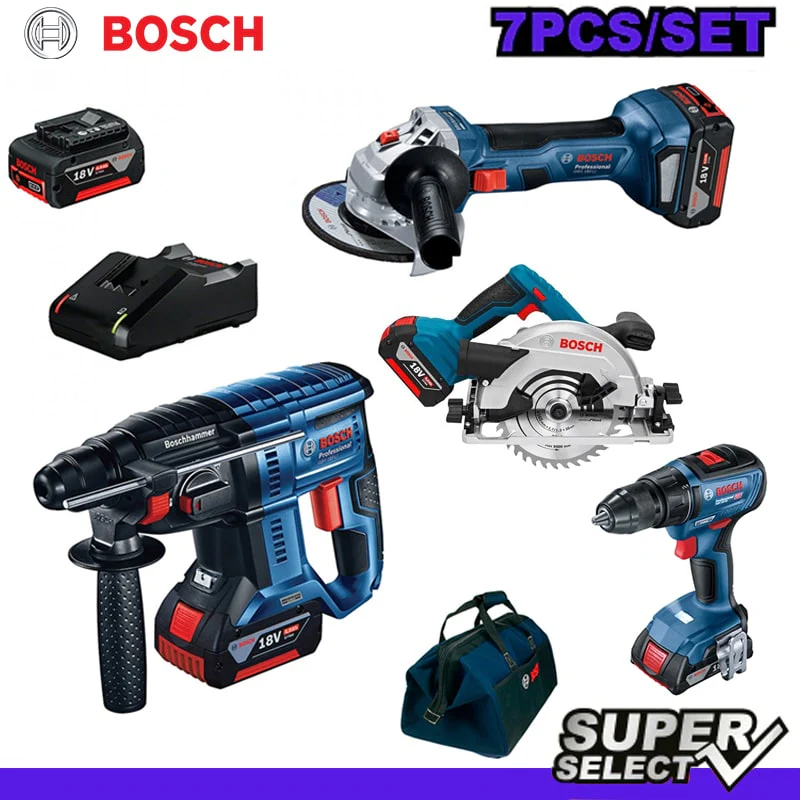 აკ. ხელსაწყოების ნაკრები 7-1 ში Bosch: პერფორატორი GBH 180-LI, ხერხი GKS 18V-57, კუთხსახეხი GWS 180-LI, ბურღი GSR 18V-50, დამტენი GAL 18V-40, ელემენტი GBA 18V 4.0AH, ჩანთა 1619BZ0100
