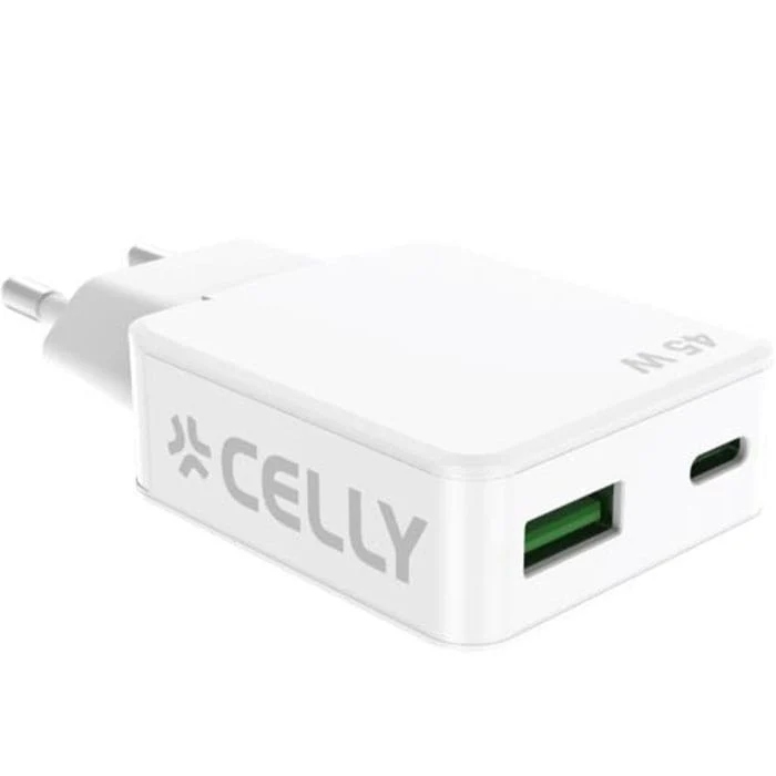 სწრაფი დამტენი Celly Slim Travel Charger 1 Port USB-C+1 Port USB- A 45 W