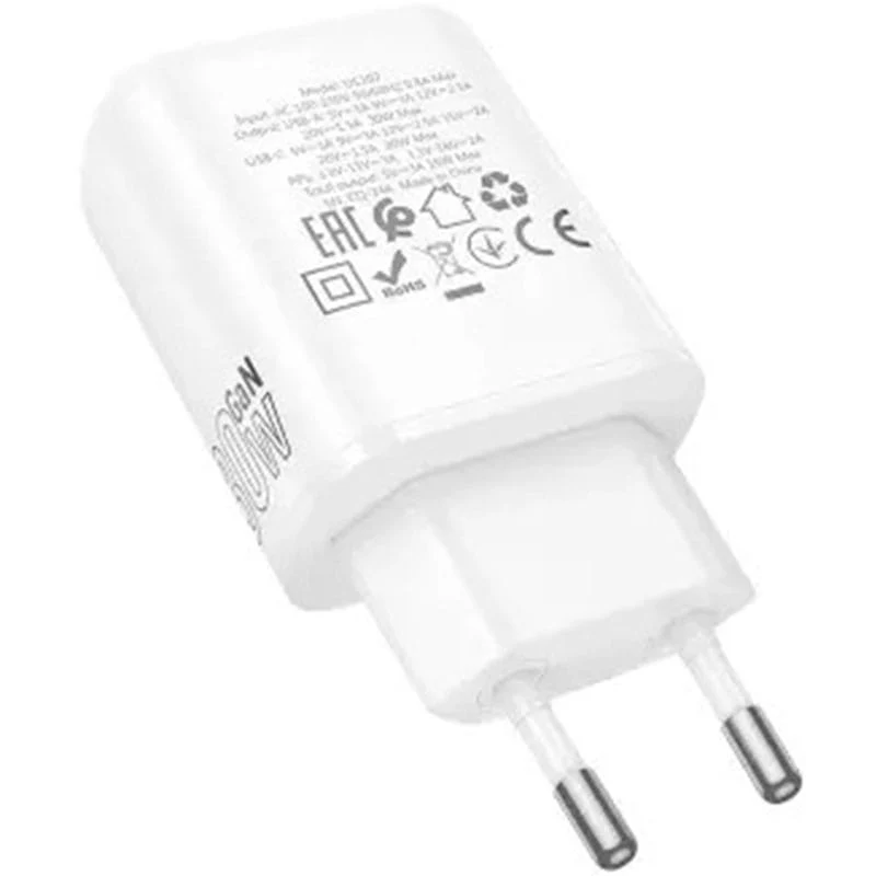 ადაპტერი Hoco DC107 Cool dualport PD30W+QC3.0 charger USB-Type-C, USB-A White - Image 4