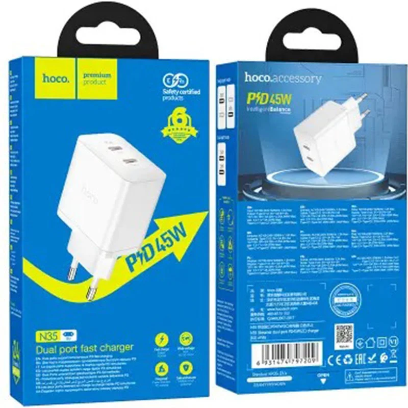 დამტენი Hoco N35 Streamer dual-port PD45W (2C) charger white - Image 4
