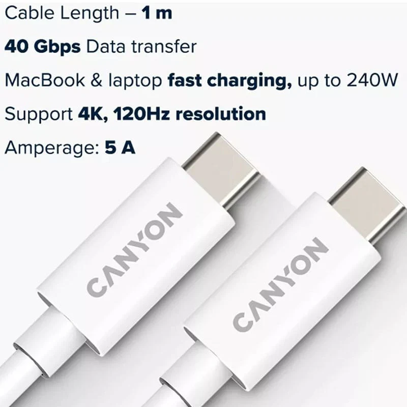 კაბელი Canyon UC-44 USB-C to USB-C 240W 40Gbps 4k 1მ (CNS-USBC44W) - Image 3