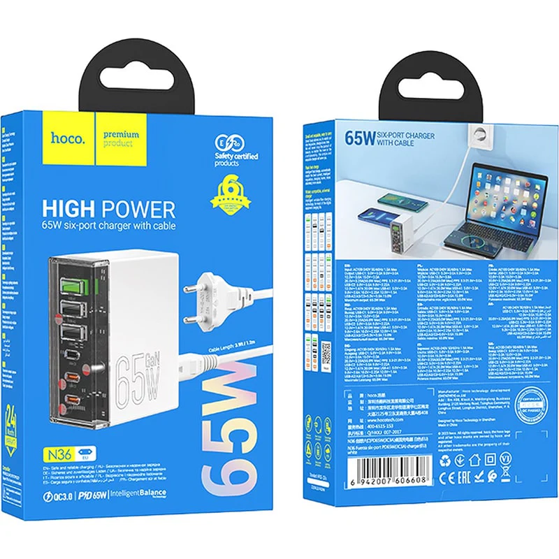 სწრაფი დამტენი Hoco N36 Fuerza 65W with 6 Ports - Image 4